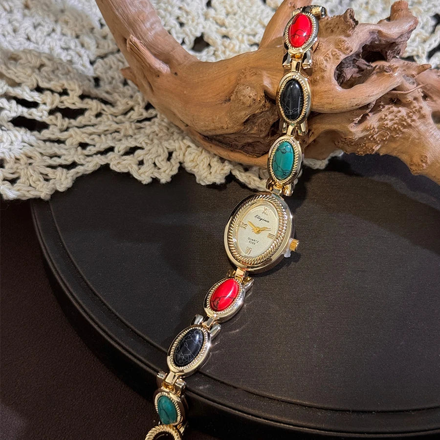Colorful Turquoise Ladies Wristwatch Bracelet New Popular Luxury Vintage Stone Embedded Elegance Quartz Watch for Women