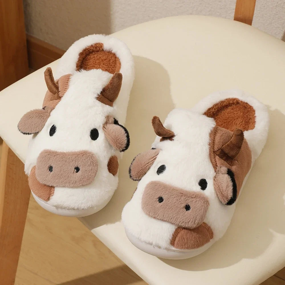 New Winter Neutral Cartoon Cow Warm Plush Slippers for Couples,Indoor Anti Slip Home Slippers for Men Women,Home Cotton Shoes