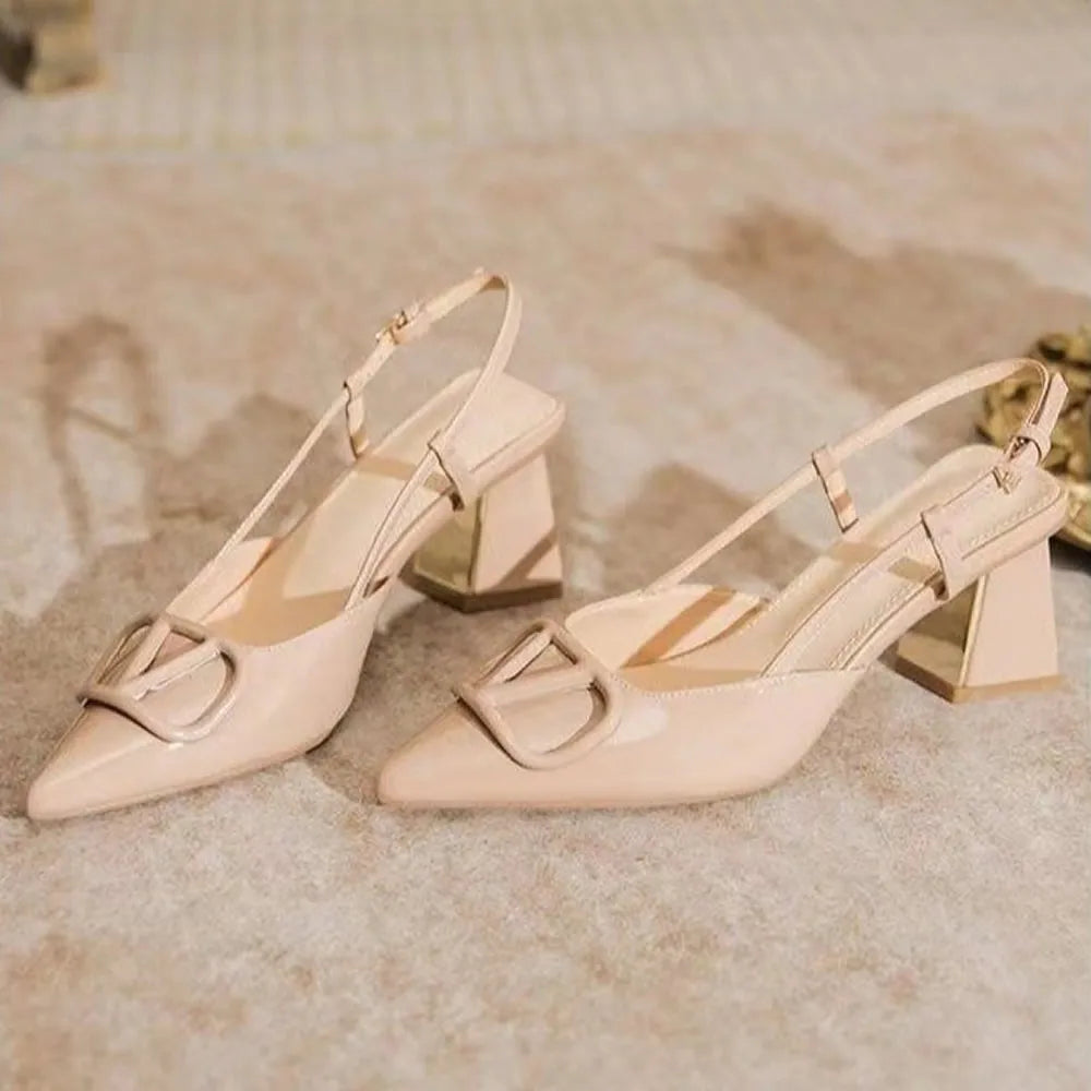 Fashion Solid Thin Heels Sandals for Women New Hot Sale Summer Casual Med Heel Ladies Shoes One-line Buckle Women's Sandals