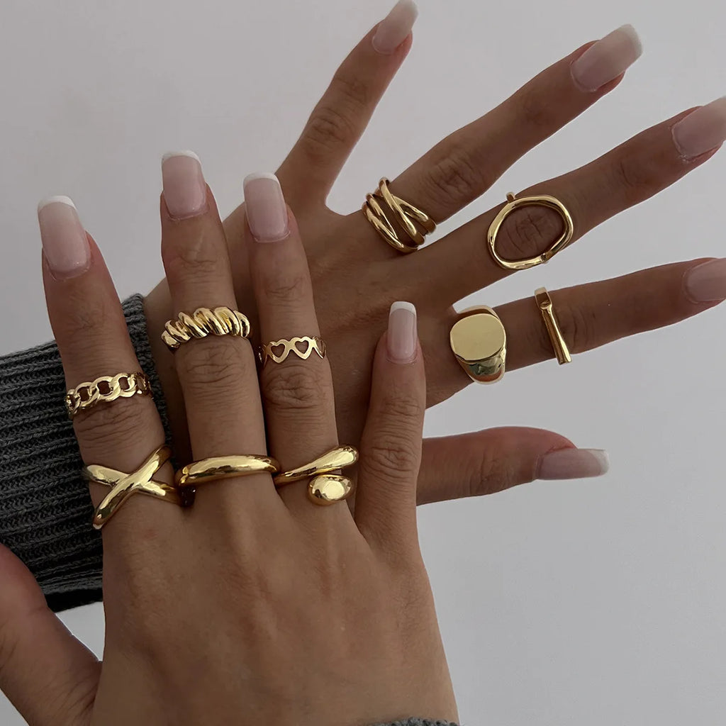 10Pcs/Set Trendy Gold Silver Color Geometric Cuff Rings Set for Women Girl Metallic Stainless Steel Minimalism Fashion Chic Ring