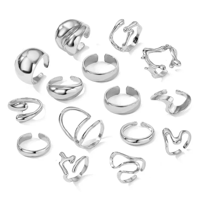 15Pcs/Set Stainless Steel Irregular Lines Water Drop Rings for Women Men Exaggerated Punk Retro Boho Fashion Jewelry Gifts
