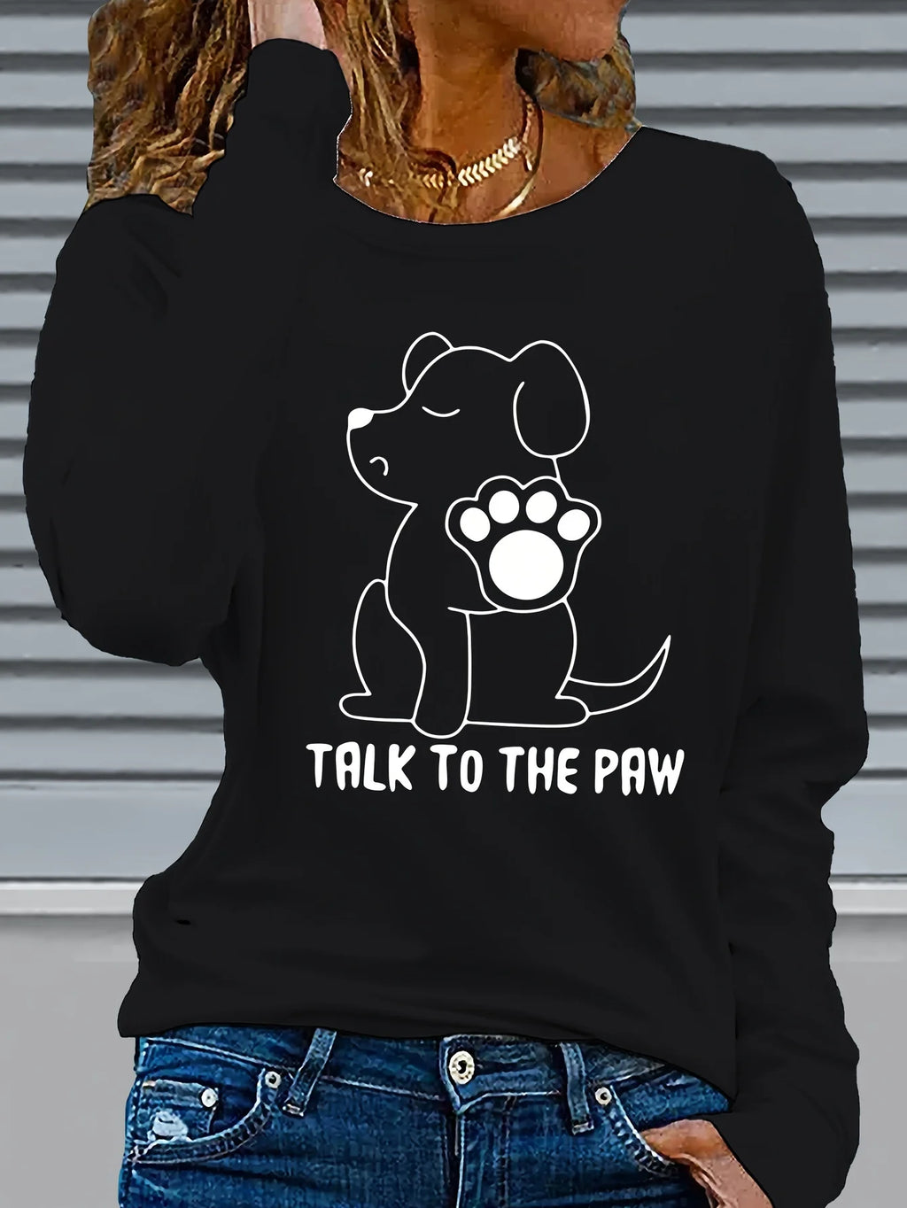 Women's Spring and Autumn 100% Cotton Fashion Casual Loose Fun Dog Pattern Printed Round Neck Long Sleeve T-shirt Top