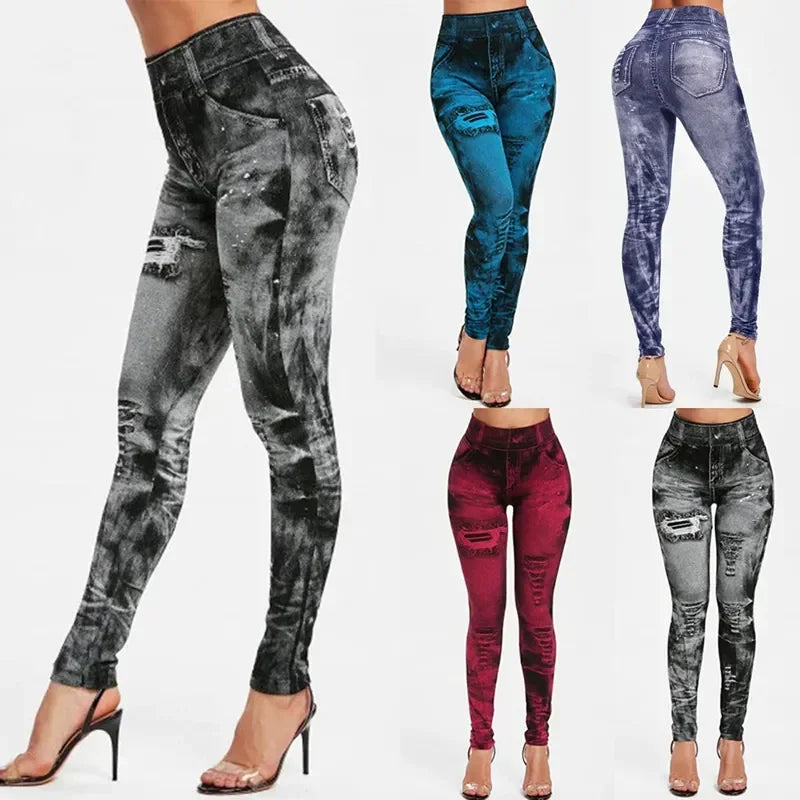 Women's High-Waist Imitation Jeans Stretch Oversize Leggings Slim Fit Push-Up Gym Streetwear Plus Size Women High Waist Leggings