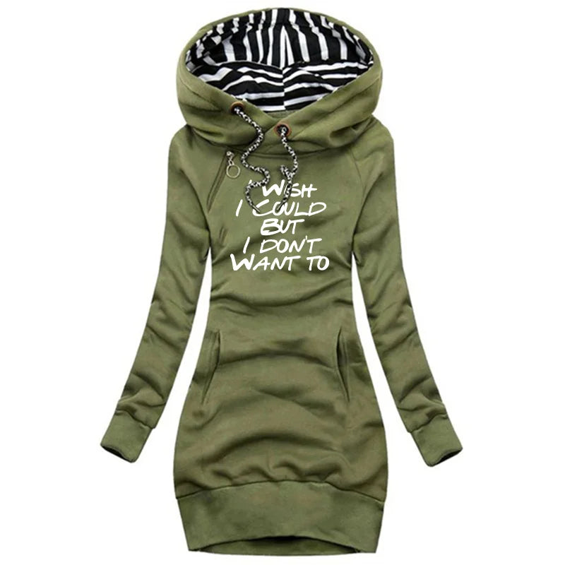 I Wish I Could But I Don't Want To Women's Long Sleeve Hoodie Dress Drawstring Pullover Top Sweatshirt