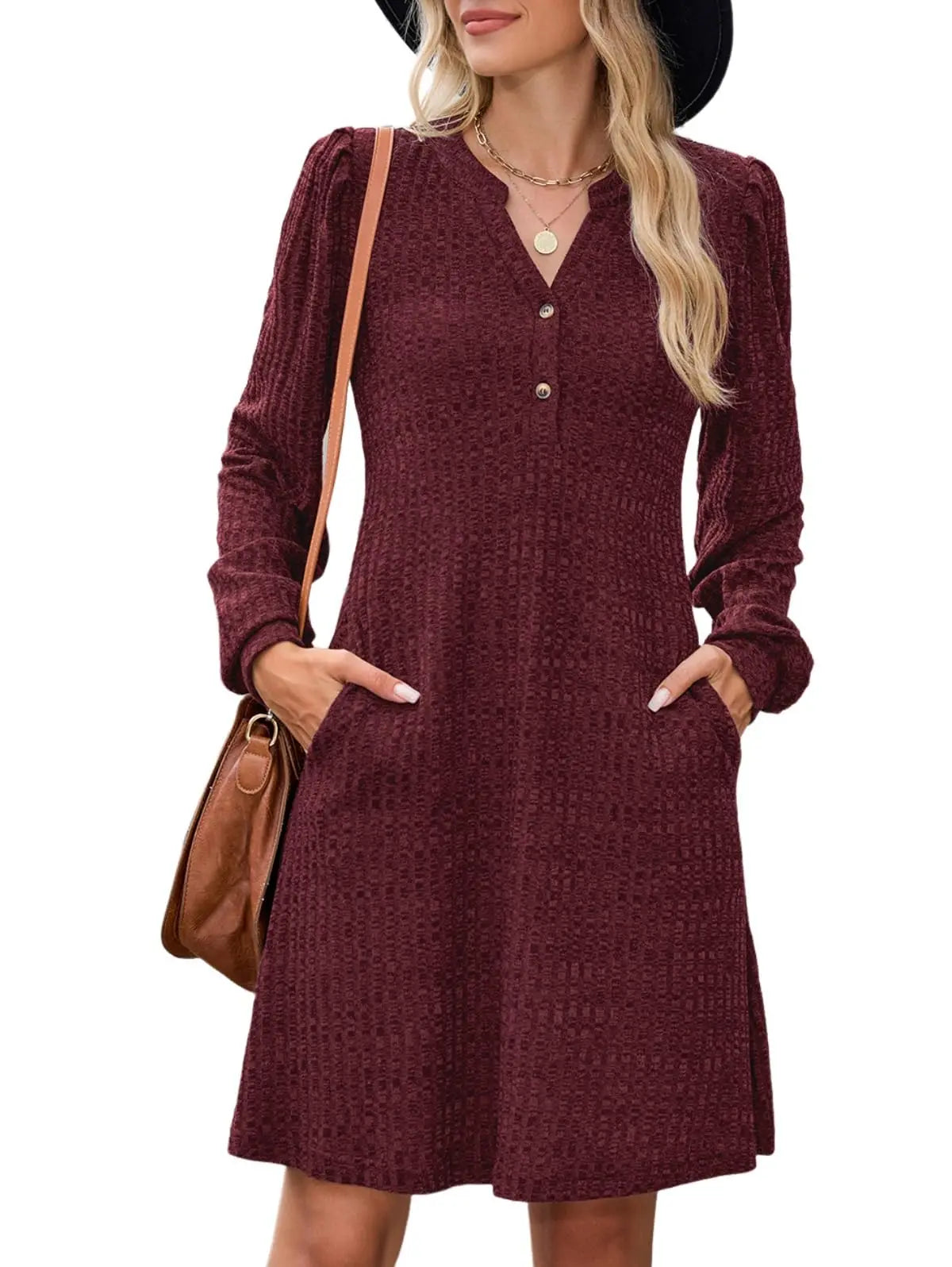 ZAFUL Womens Long Sleeve Fall Dresses with Pockets V Neck Button Casual Bodydoll Knit Sweater Dress 2025