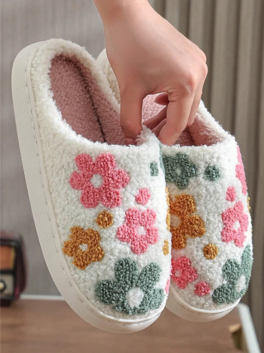 Women's Winter Slippers New Comfortable Home Cute Colorful Flowers Winter Couple's Warm Indoor