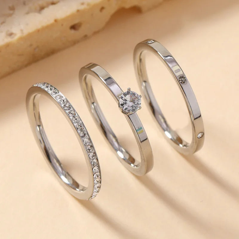 Luxury Stainless Steel Ring For Women Three-Piece Set Zircon Classic Fashion Finger Accessory Jewelry Female Gifts Wholesale