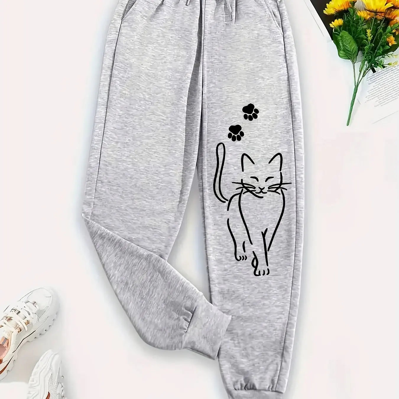 Elegant Cat Print Casual Versatile Women Pants Fashion Trendy Trousers With Drawstring Pockets Comfortable Sweatpants Female