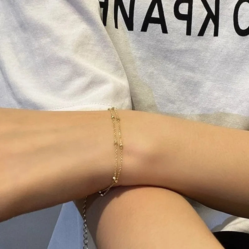 ANENJERY Small Ball Bracelet for Women Vintage Gold Plated Color Cuff Bracelets Women Statement Chain Jewelry Pulsera Wristband