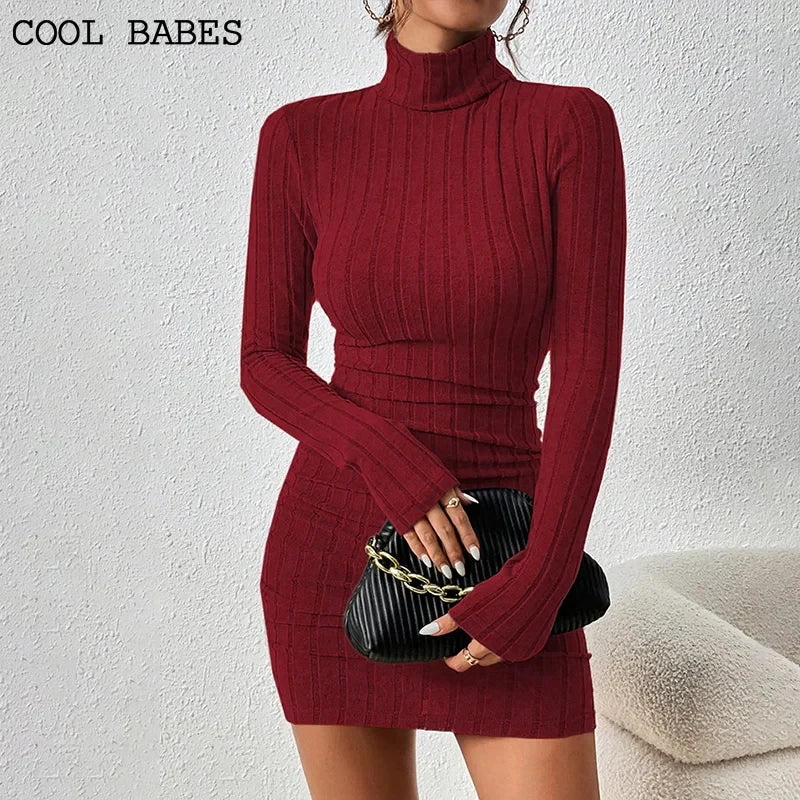 Women Dresses Elegant Party Autumn Winter New Turtleneck Long Sleeves Sexy Sheath Mini Dresses Bodycon Club Knitted Dress