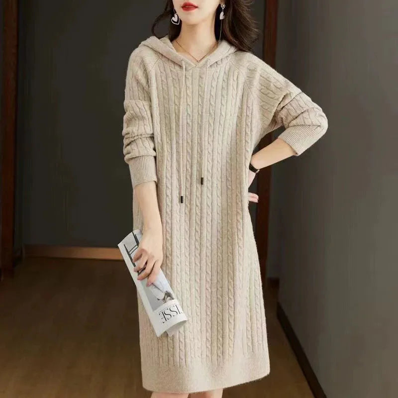 Women Pullover Sweater Dresses Streetwear Casual Loose Hooded Midi Dress for Woman Vintage Versatile Knee Length Knitted Dress