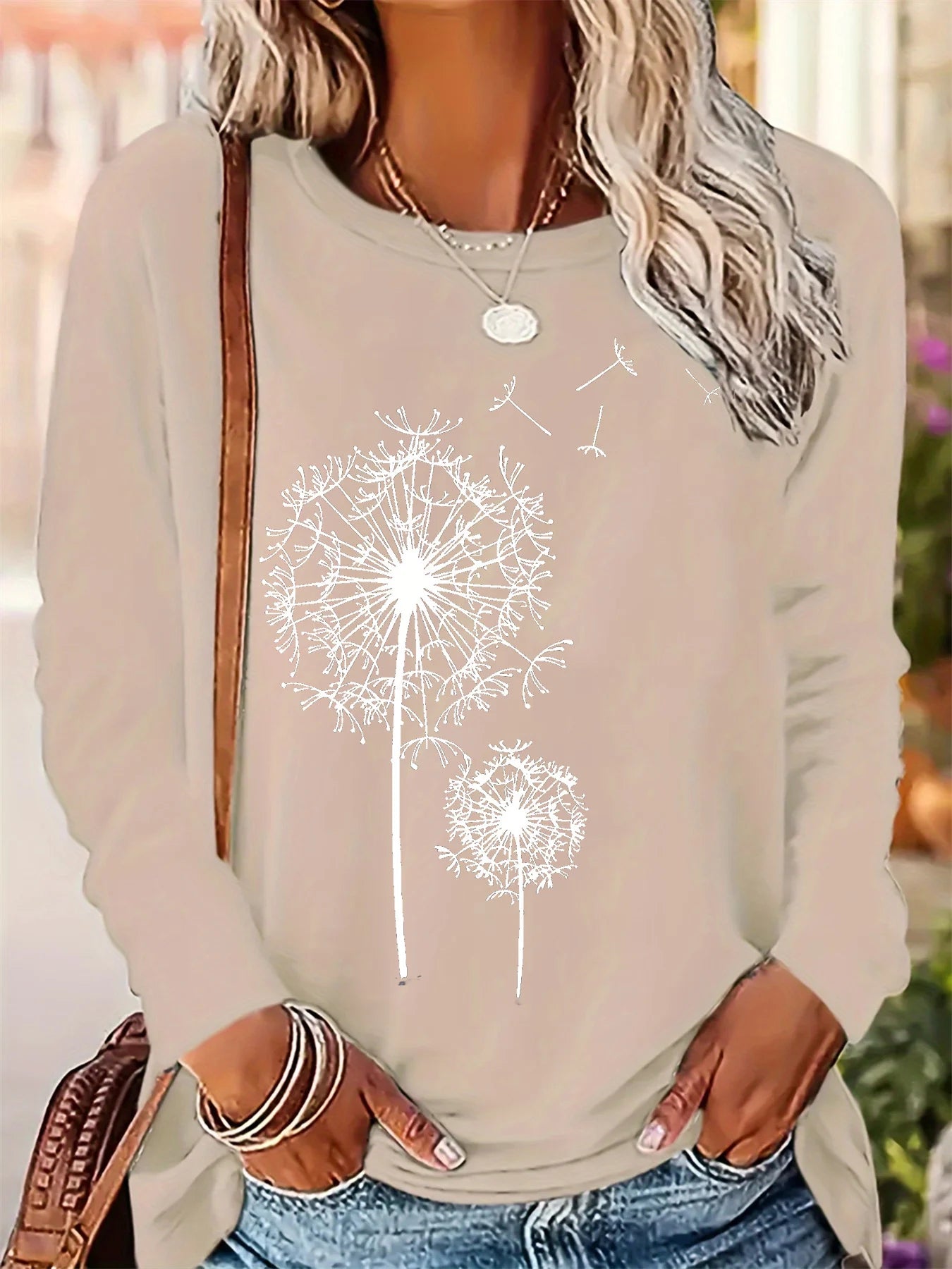Women's Spring and Autumn 100% pure cotton fashionable casual loose dandelion pattern printed round neck long sleeved T-shirt