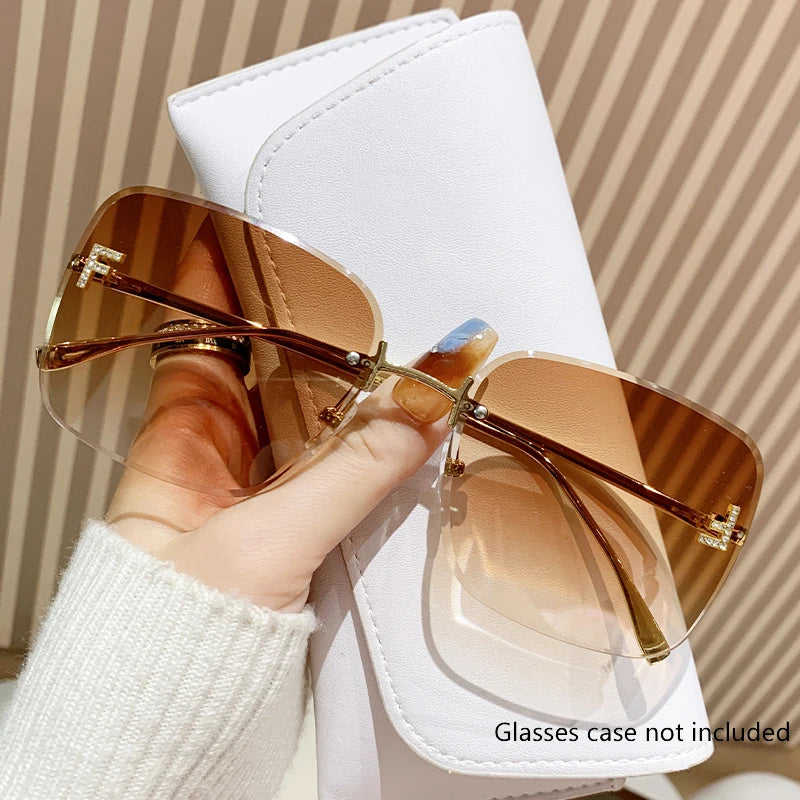 Diamond-in Sunglasses Letter F Frameless Edged Sunglasses Metal Square Large Frame Trendy Glasses Women 90267
