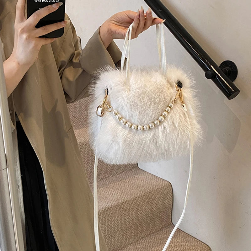 Winter Fashion Faux Fur Crossbody Bags for Women's Gift, Pearl Chain Decor Shoulder Bag, Ladies Handbags Top-handel Bag