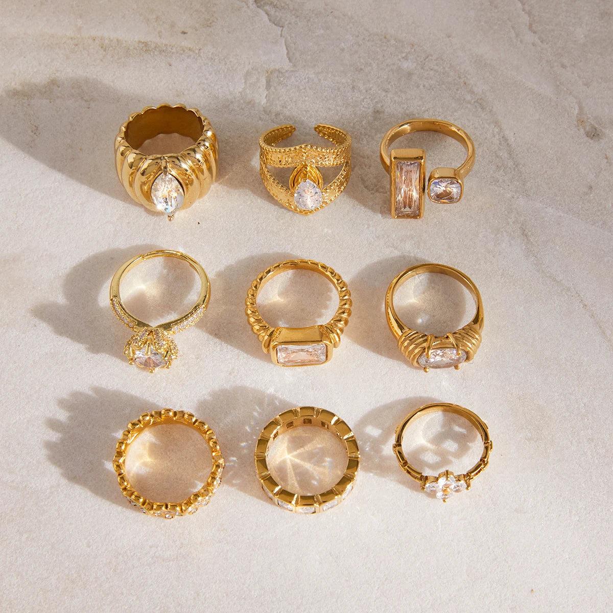 Uworld Minimalist 18K Gold Color Plated Stainless Steel Geometric Zircon Flower Ring Stackable Texture Ring Women's Jewelry