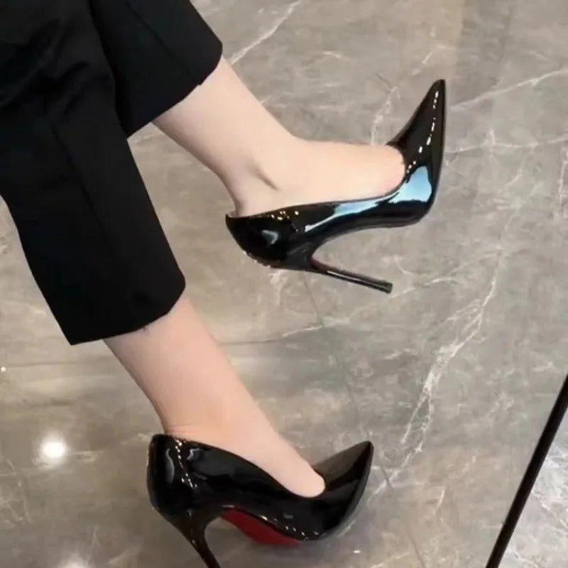 High Heels Women's Slim Heels New Stunning and Sexy Wedding Shoes Black Patent Pointed Single Shoes High Heels