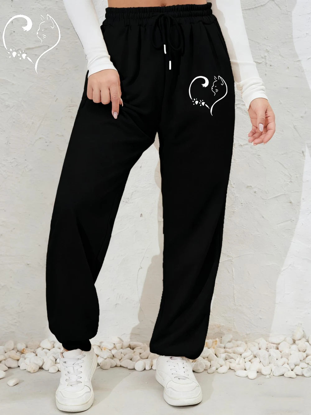 Cat Heart Prints Sweatpants Womens Autumn Winter Jogger Pants Elastic Waist Comfortable Loose Trousers Trend Womans Clothing