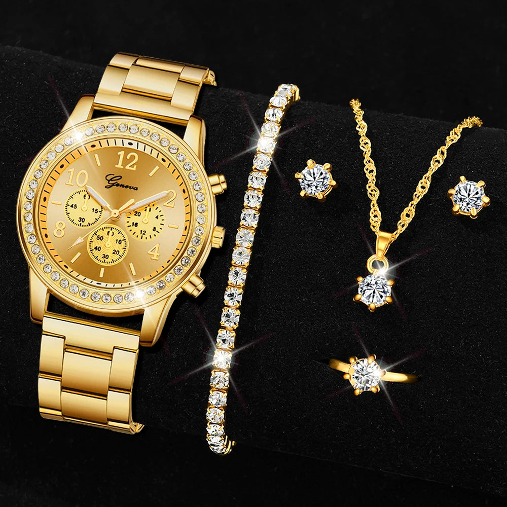 5 PCS Set Gold Watch Women Luxury Ring Necklace Earrings Rhinestone Fashion Wristwatch Female Casual Watches Bracelet Set