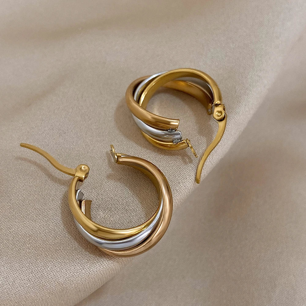 Trendy Stainless Steel U-shaped Twisted Hoop Earrings for Women Classic Triple Color Metal Waterproof Earrings Party Jewelry