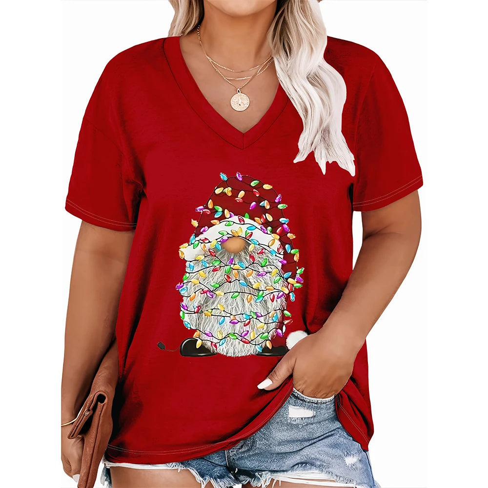 Christmas womens cartoon Santa Claus printed tops Christmas T-shirt short sleeved V-neck casual party outfit oversized women top