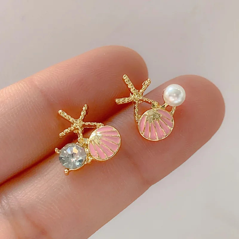 White Pink Shell Starfish Stud Earrings for Women Cute Asymmetric Imitation Pearl Rhinestones Beads Charms Small Ear Jewelry