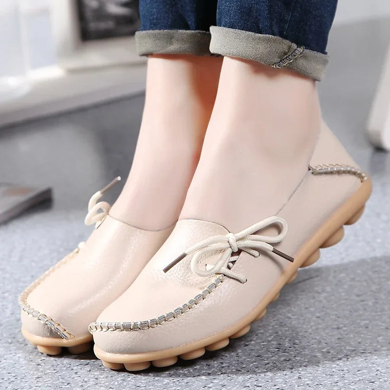 Moccasins Women Flats  Autumn New Woman Loafers Genuine Leather Female Shoes Slip on Ballet Bowtie Women's Shoes Big Size
