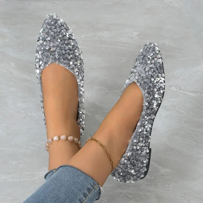 Sequin Designer 2025 Spring New Style Fashion Round Toe Non-slip Flat Shoes Casual Comfortable Shallow Mouth Women's Loafers