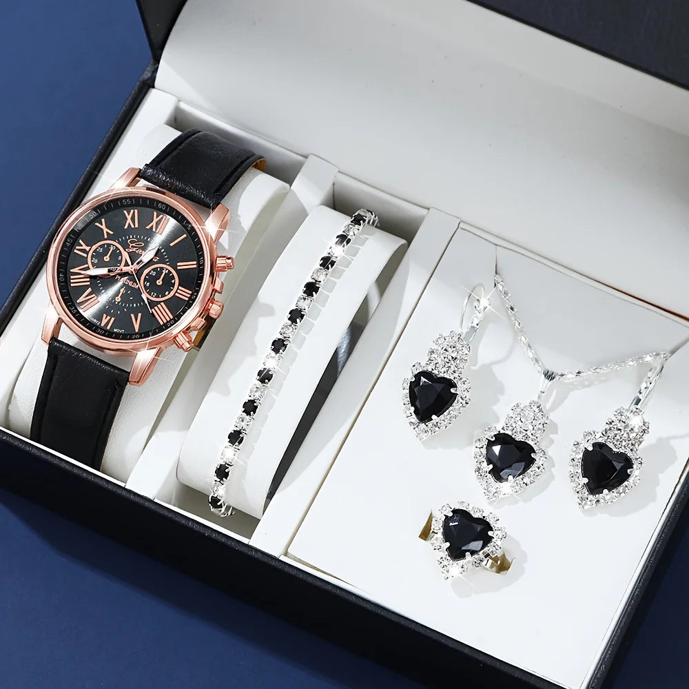 Fashion quartz watch and jewelry set, shock resistant circular analog digital display, PU leather strap, zinc alloy case