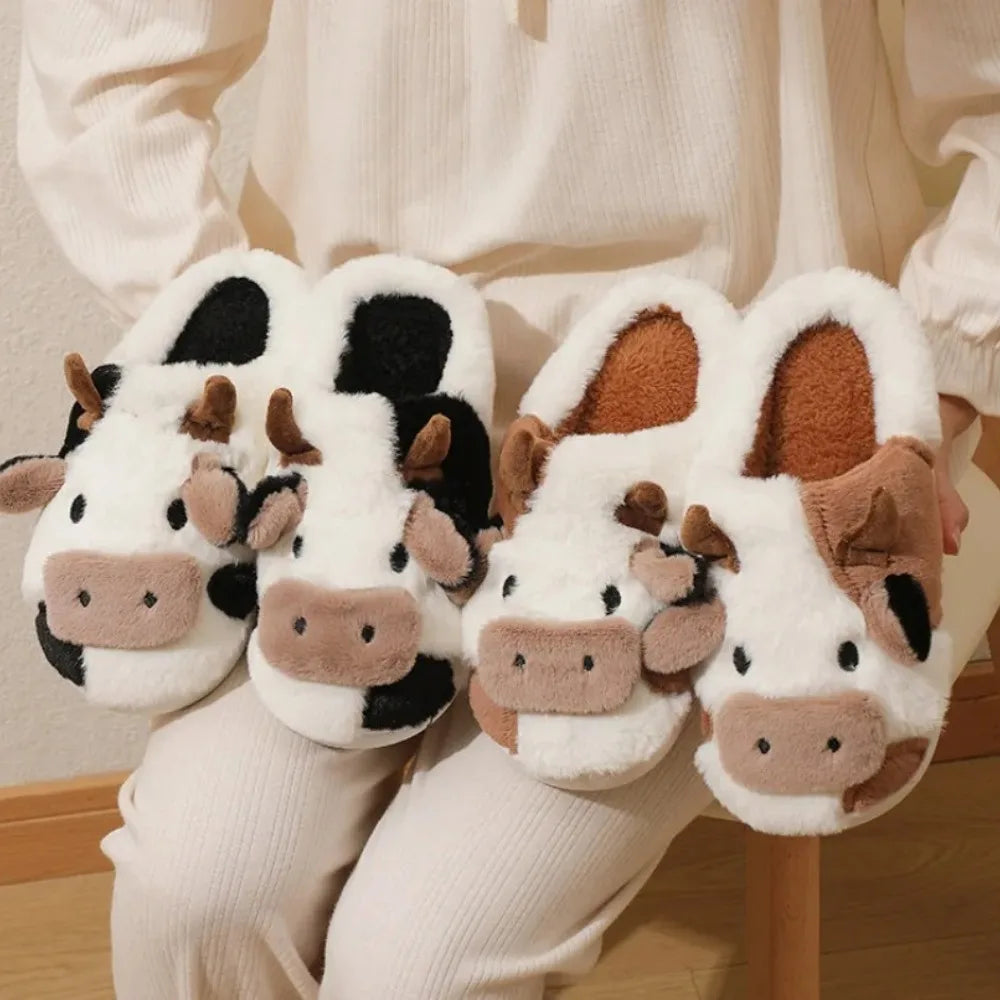 New Winter Neutral Cartoon Cow Warm Plush Slippers for Couples,Indoor Anti Slip Home Slippers for Men Women,Home Cotton Shoes