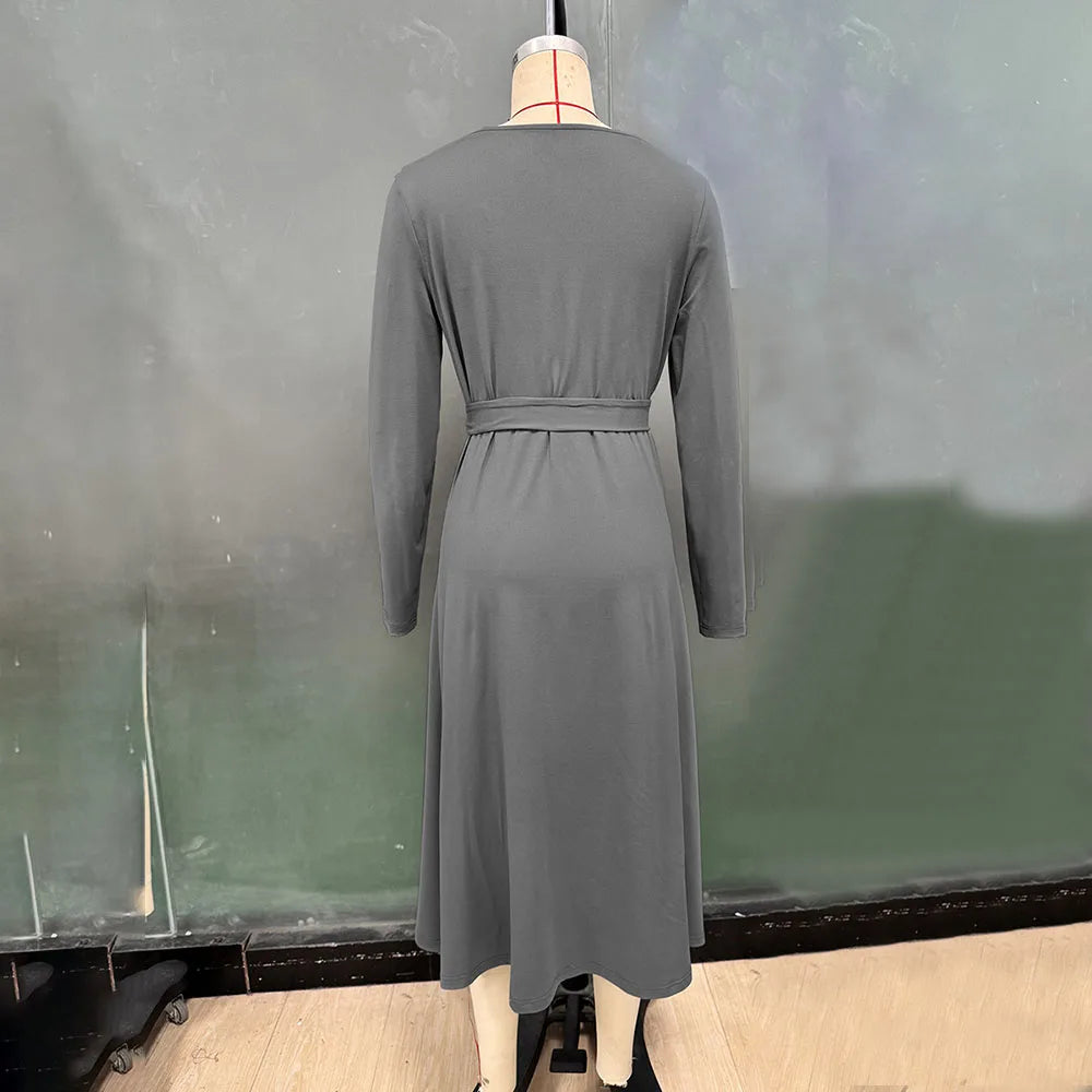 Casual Long Sleeve Maxi Dress Women 2025 Autumn Fashion O-neck Slim Lace-up A-line Dresses With Sashes Elegant