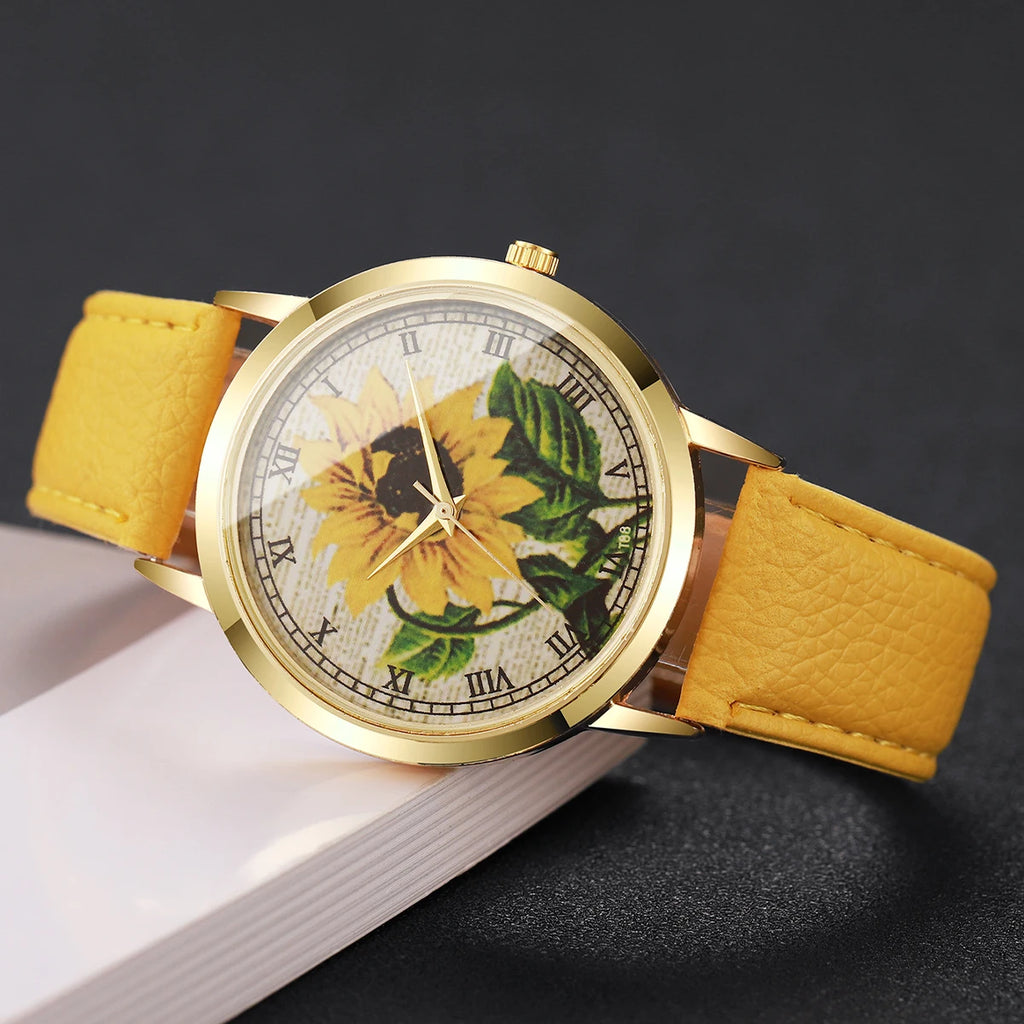 2/6PCS Fashion Flower Dial Women Watches Leather Strap Quartz Watch Daisy Jewelry Set Reloj Mujer (Without Box)