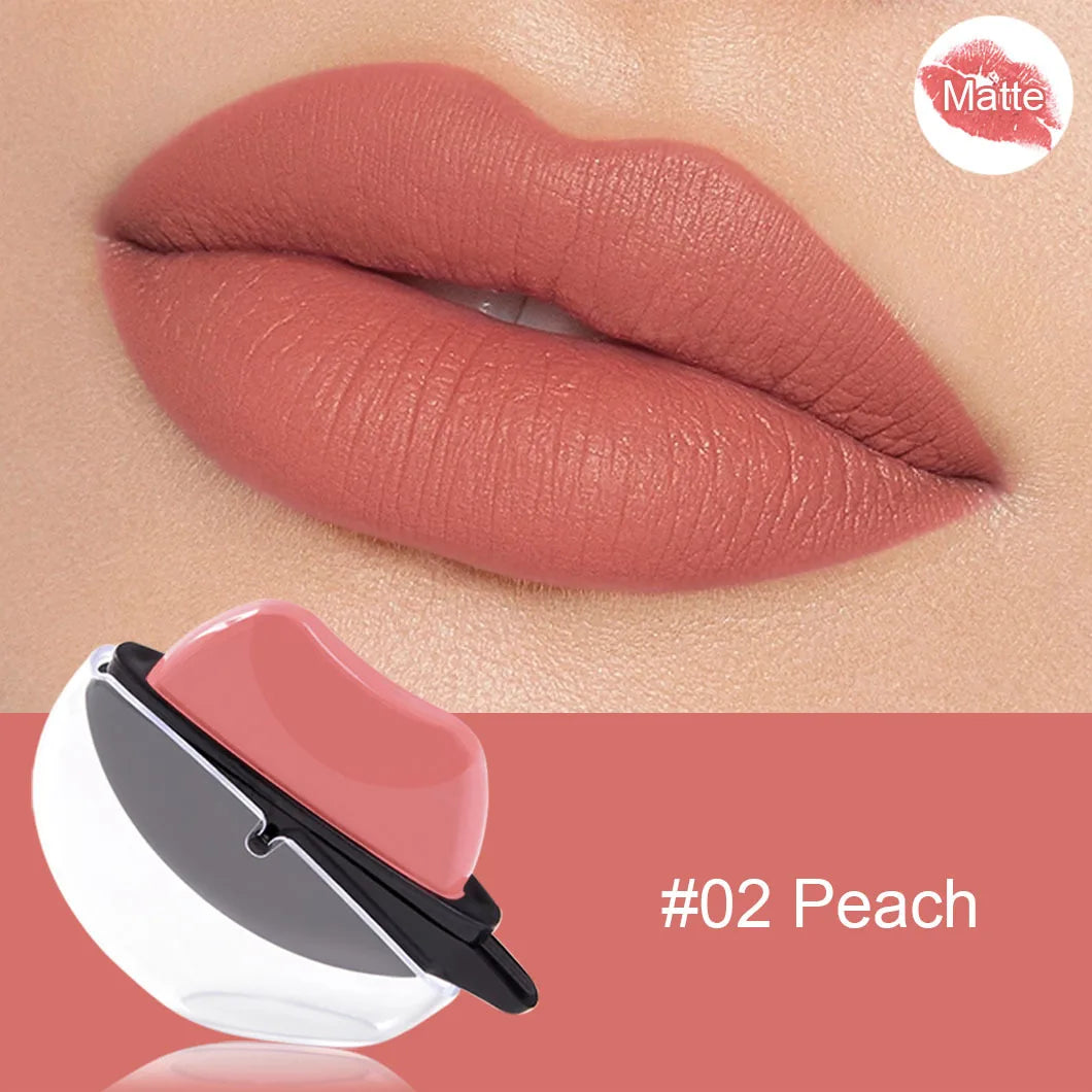 QIBEST Lip-shaped Lipstick Makeup Lazy Lipstick Velvet Matte Moisturizing Lip Gloss Waterproof Non-stick Cup Long Lasting Makeup