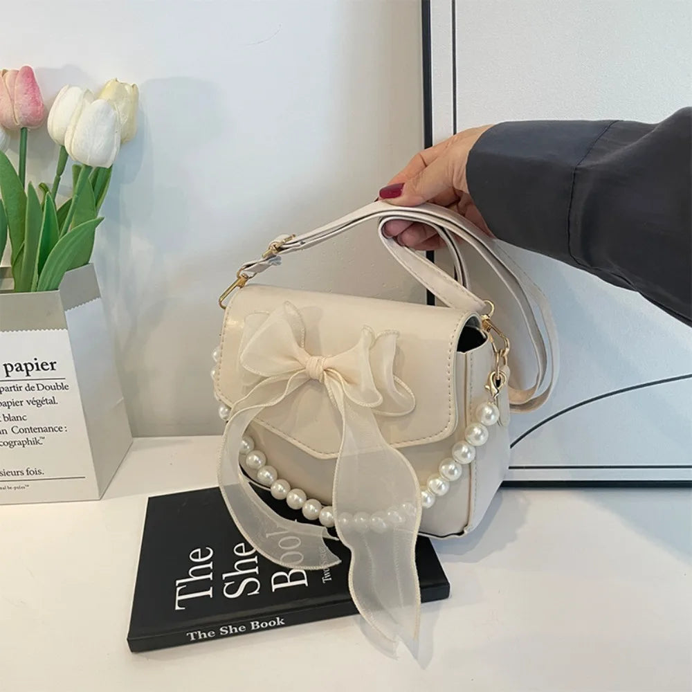 Solid Color PU Leather Pearl Chain Bag Bow Knot Fashion Top-Handle Bag Women Canvas Large Armpit Bag Shoulder Bag