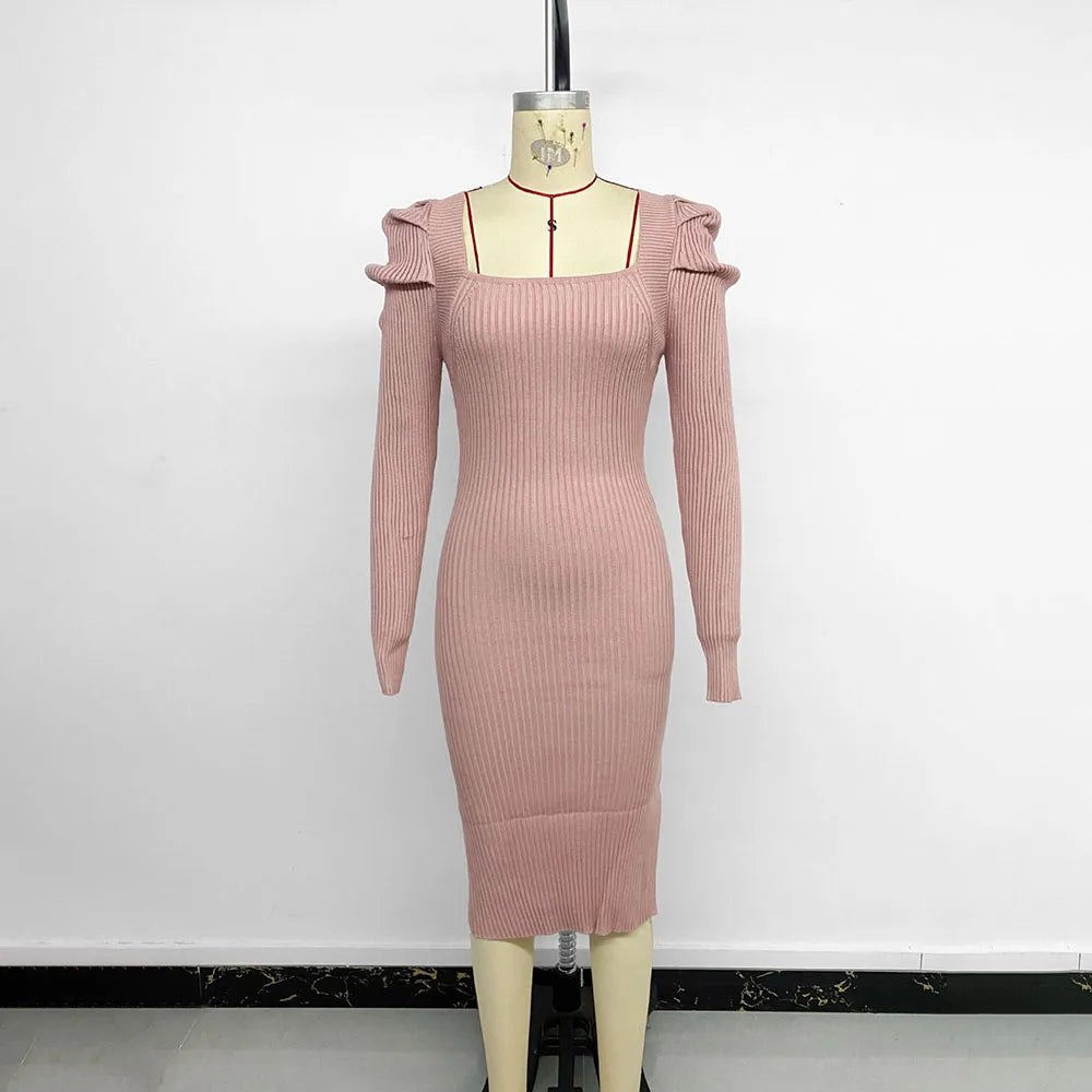 Autumn Winter Knitted Square Collar Knitted Party Dress Women 2025 Fashion Long Sleeve Bodycon Sweater Maxi Dresses Elegant