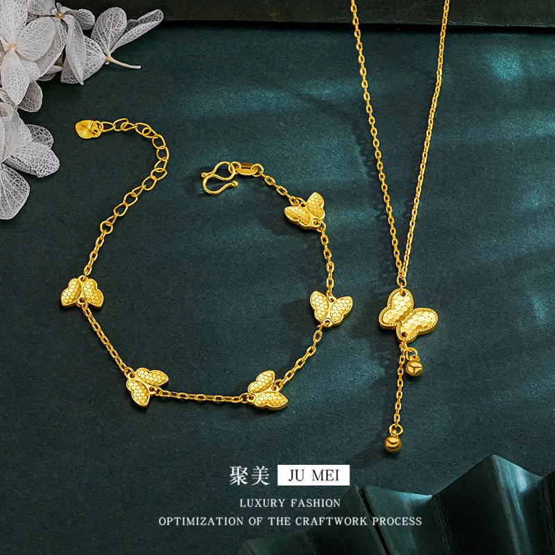 Luxury 24K 9999 Pure Gold real gold Butterfly Bracelet Necklace Two-piece Women's Necklace