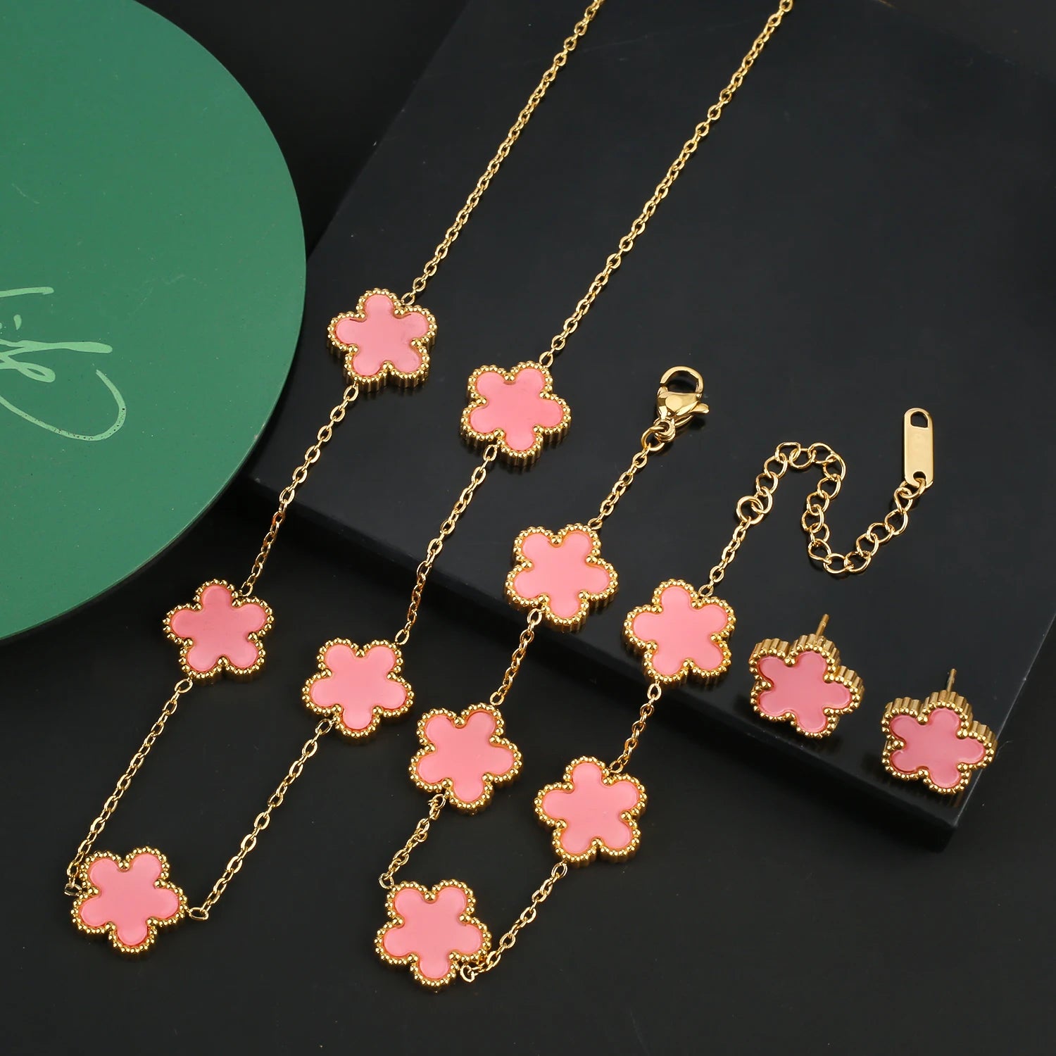 INS Hot Sale Stainless Steel Five Laef Flower Clover Bracelet Jewelry Set Necklace Earrings For Woman Daily Wear Brand Jewelry
