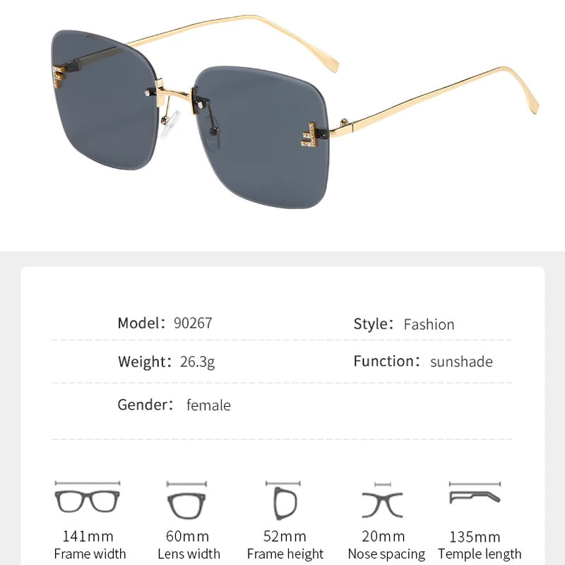 Diamond-in Sunglasses Letter F Frameless Edged Sunglasses Metal Square Large Frame Trendy Glasses Women 90267