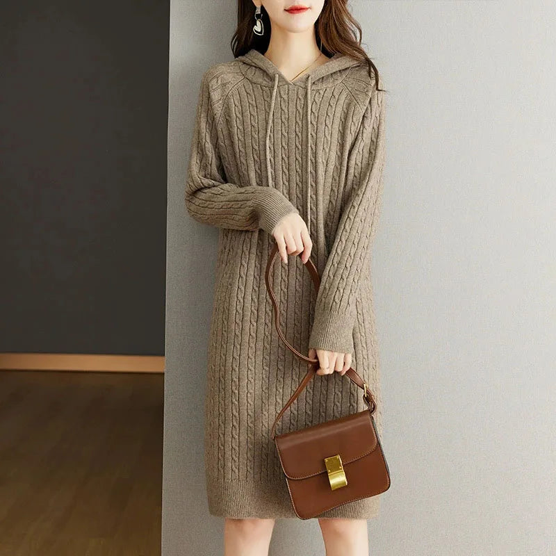 Women Pullover Sweater Dresses Streetwear Casual Loose Hooded Midi Dress for Woman Vintage Versatile Knee Length Knitted Dress