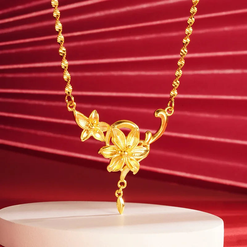 Luxury 24K 9999 Pure Gold real gold Women's Twin Flower Tassel Vine Necklace