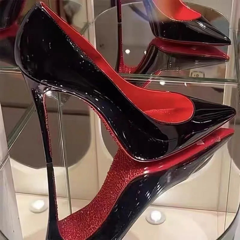 High Heels Women's Slim Heels New Stunning and Sexy Wedding Shoes Black Patent Pointed Single Shoes High Heels