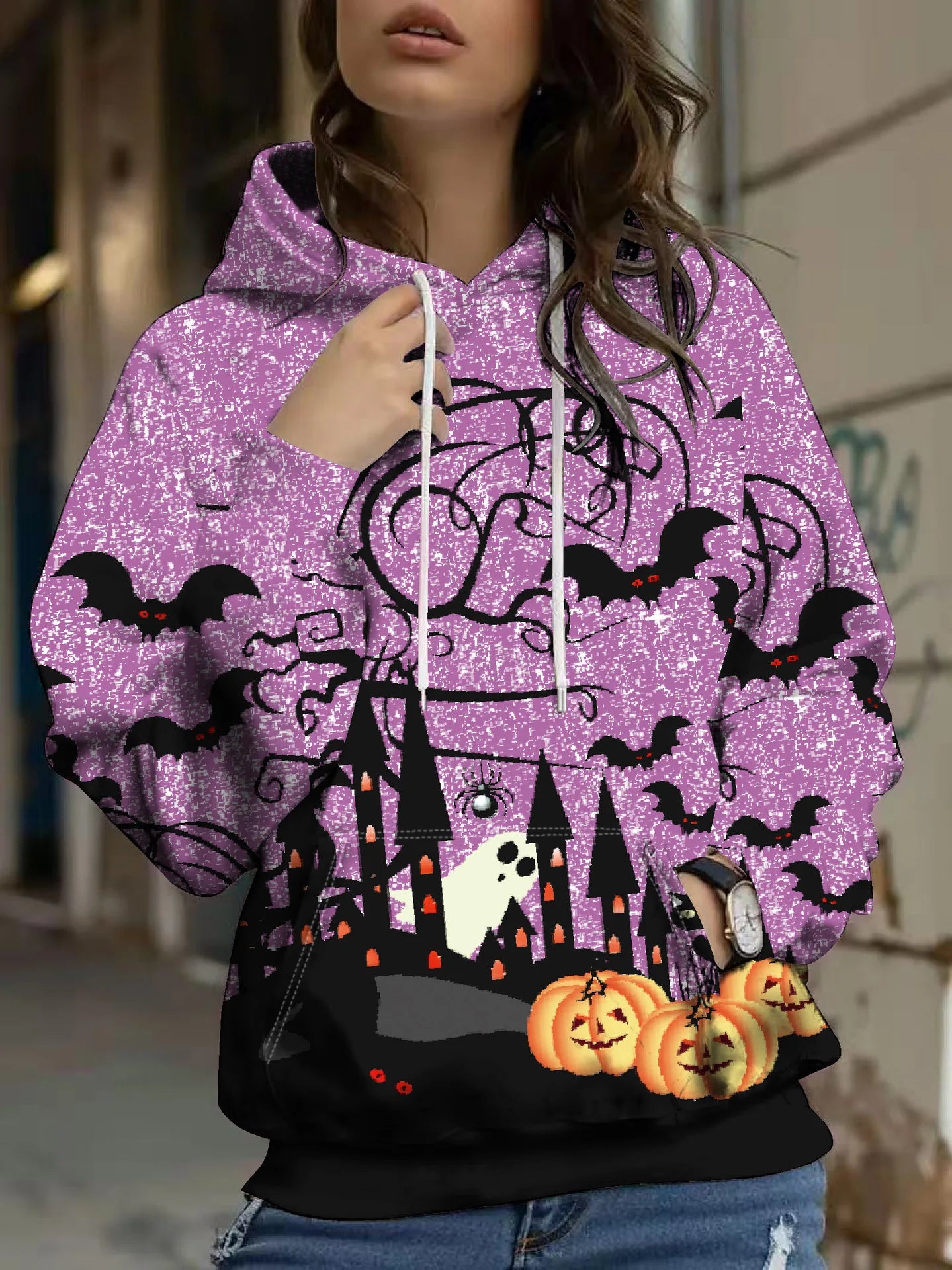 Loose Womens Sweatshirt Fashionable Halloween Retro Casual Temperament Commuter Style Long-sleeved Pocket Pullover Hooded Coats