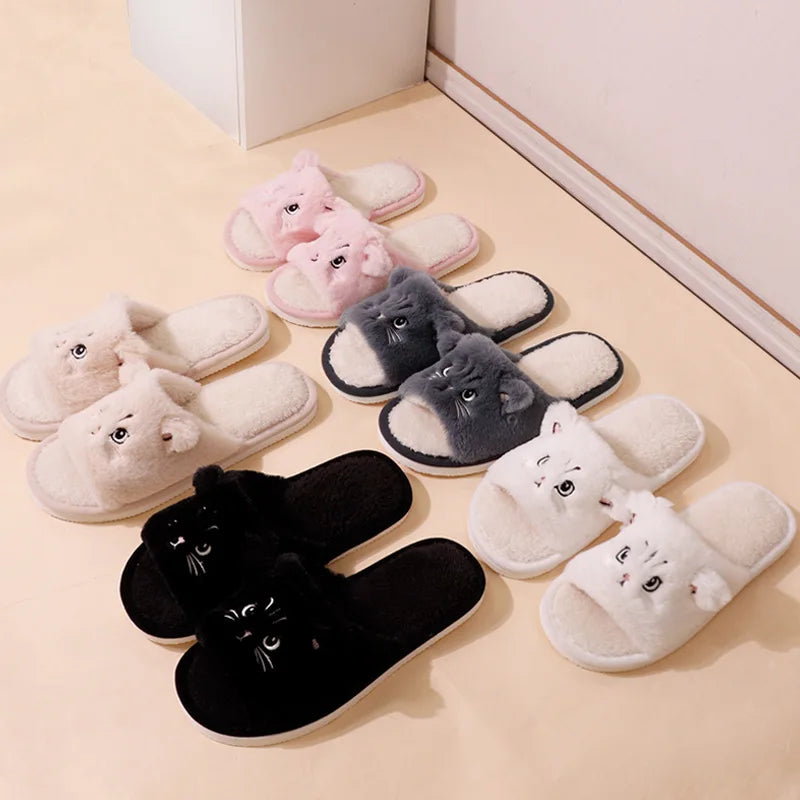 Cute Cartoon Cat Home Slippers for Women Open Toe Non Slip Wave Sole Faux Fur Slides Woman Autumn Winter Plush Indoor Slippers