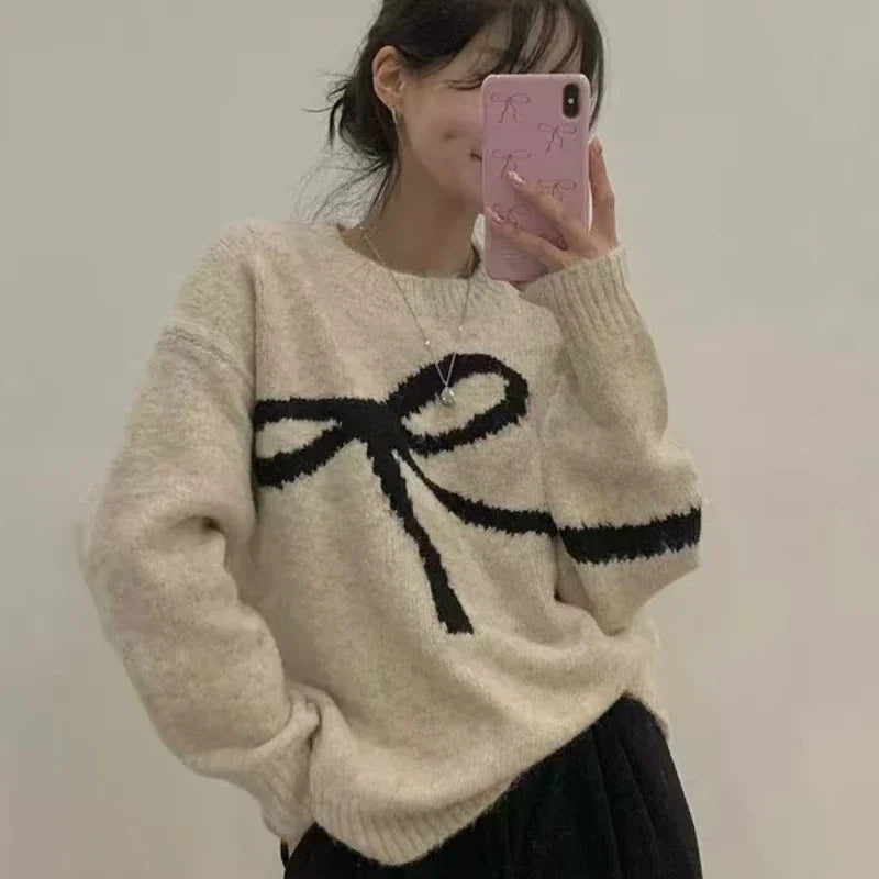 O-neck Long Sleeve Bow Tie Pattern Sweet Pullover Sweater Autumn Women Knitted Top Loose Elegant Fashion Winter Casual Knitwear