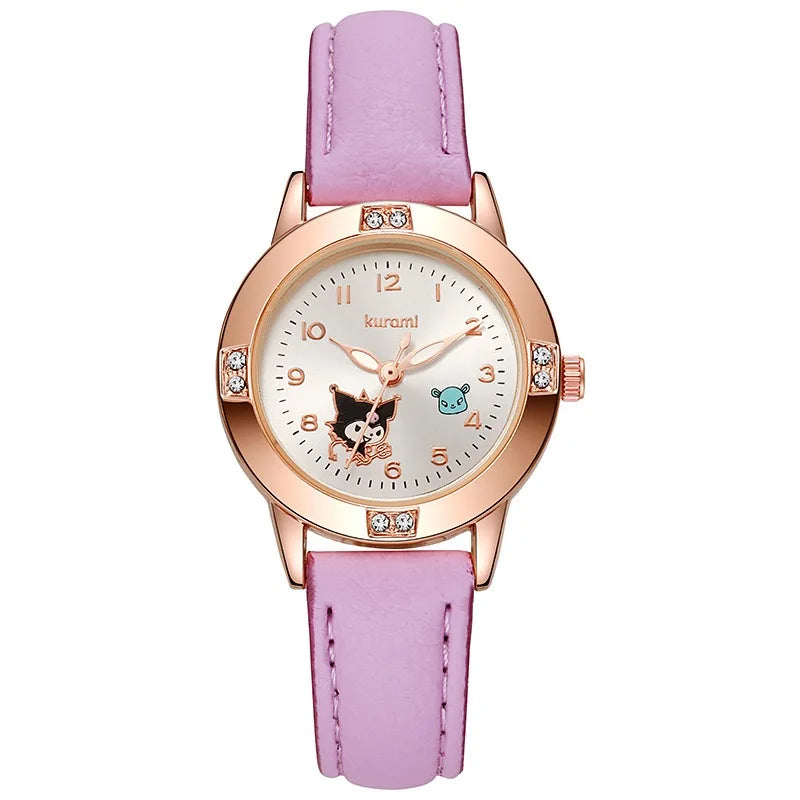 Sanrio Hello Kitty Watches Cinnamoroll Kuromi My Melody Cute Cartoon Rose Gold with Diamond Belt Watch Women's Quartz Watch