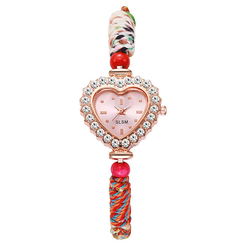 Fashion Braided Rope Strap Women Wristwatch Luxury Rhinestone Heart Dial Ladies Quartz Watches Reloj Mujer
