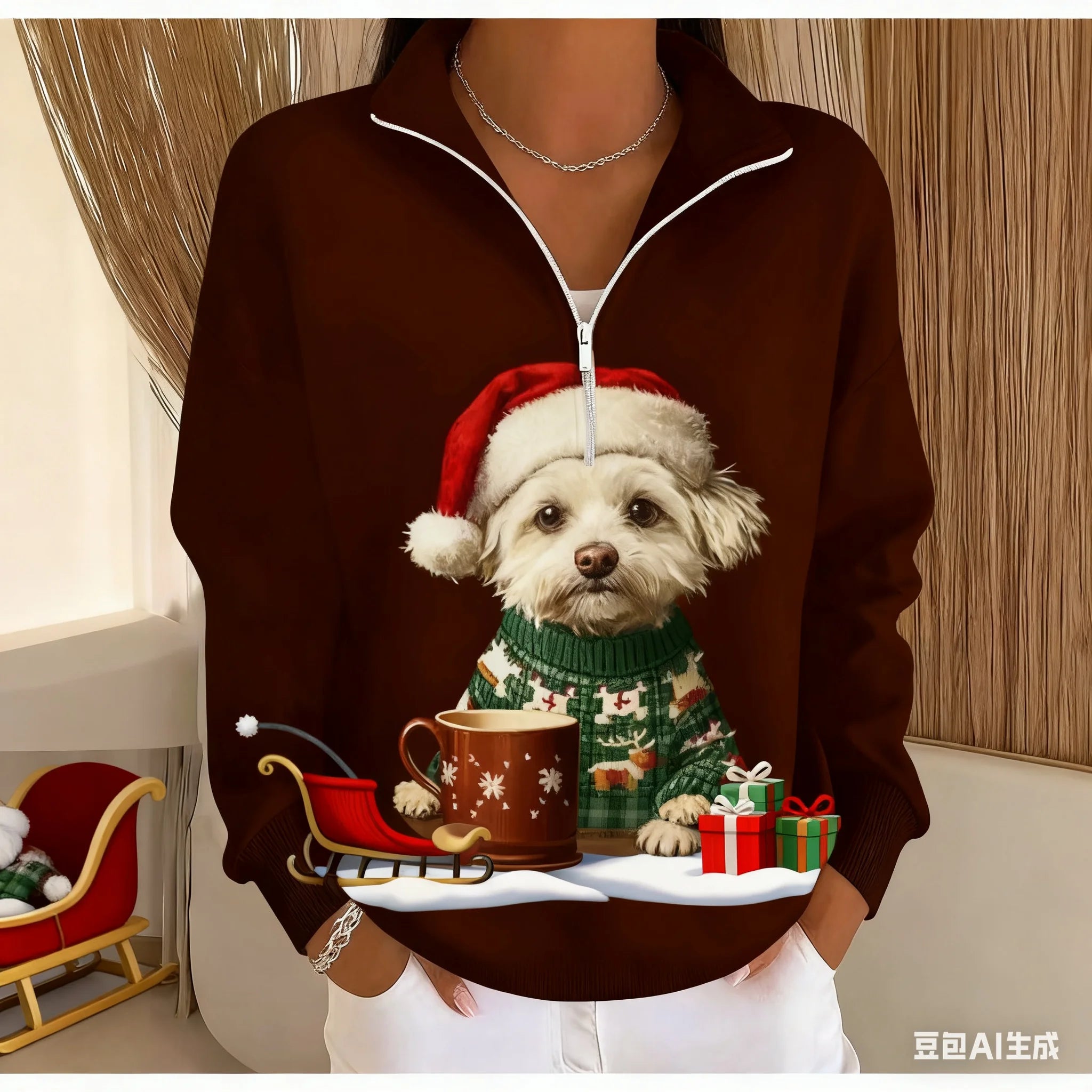 Christmas Women's Sweatshirt pet pattern printed Zipper pullover sweater autumn and winter Women's clothing polyester sweatshirt