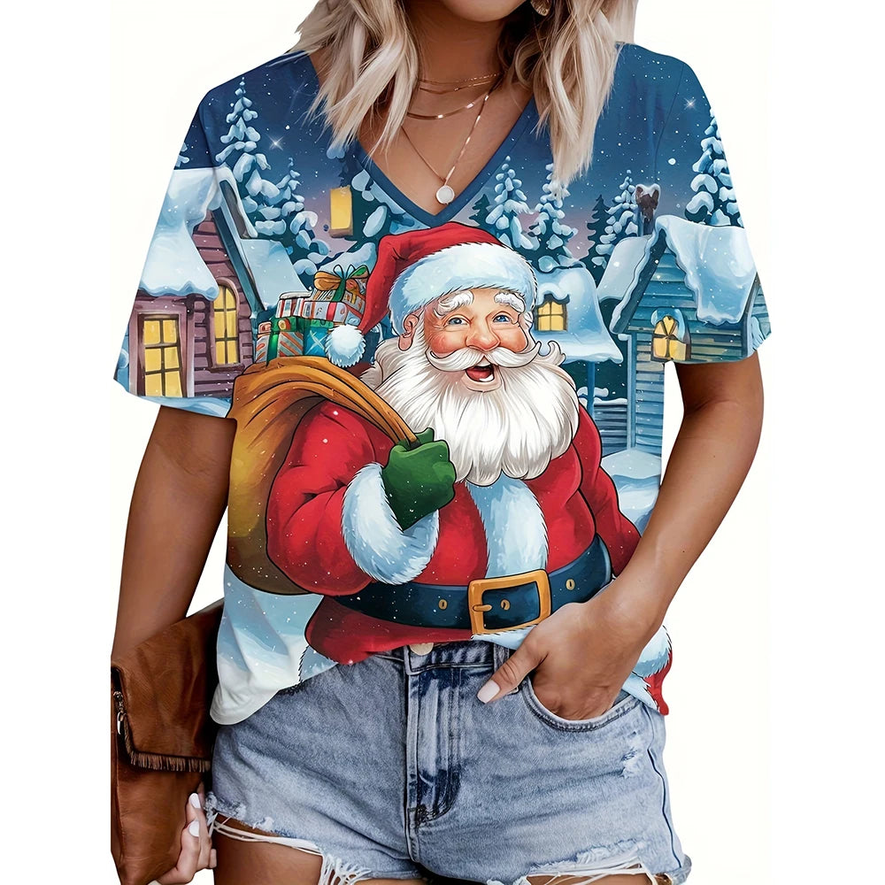 Christmas womens cartoon Santa Claus printed tops Christmas T-shirt short sleeved V-neck casual party outfit oversized women top