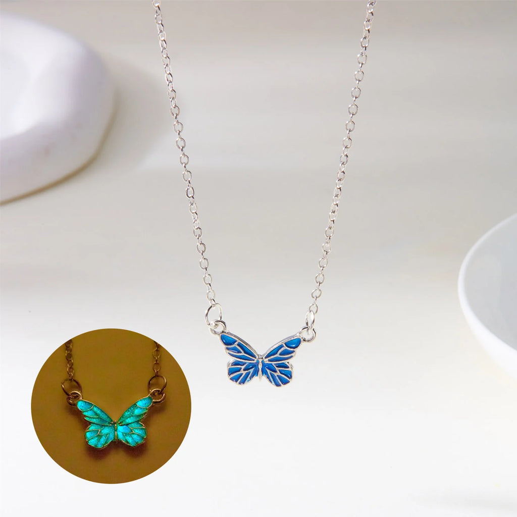 Fashion Blue Luminous Butterfly Necklace Bracelet Set for Glow in the Dark Women Clavicle Chain Choker Party Jewelry Set Gift