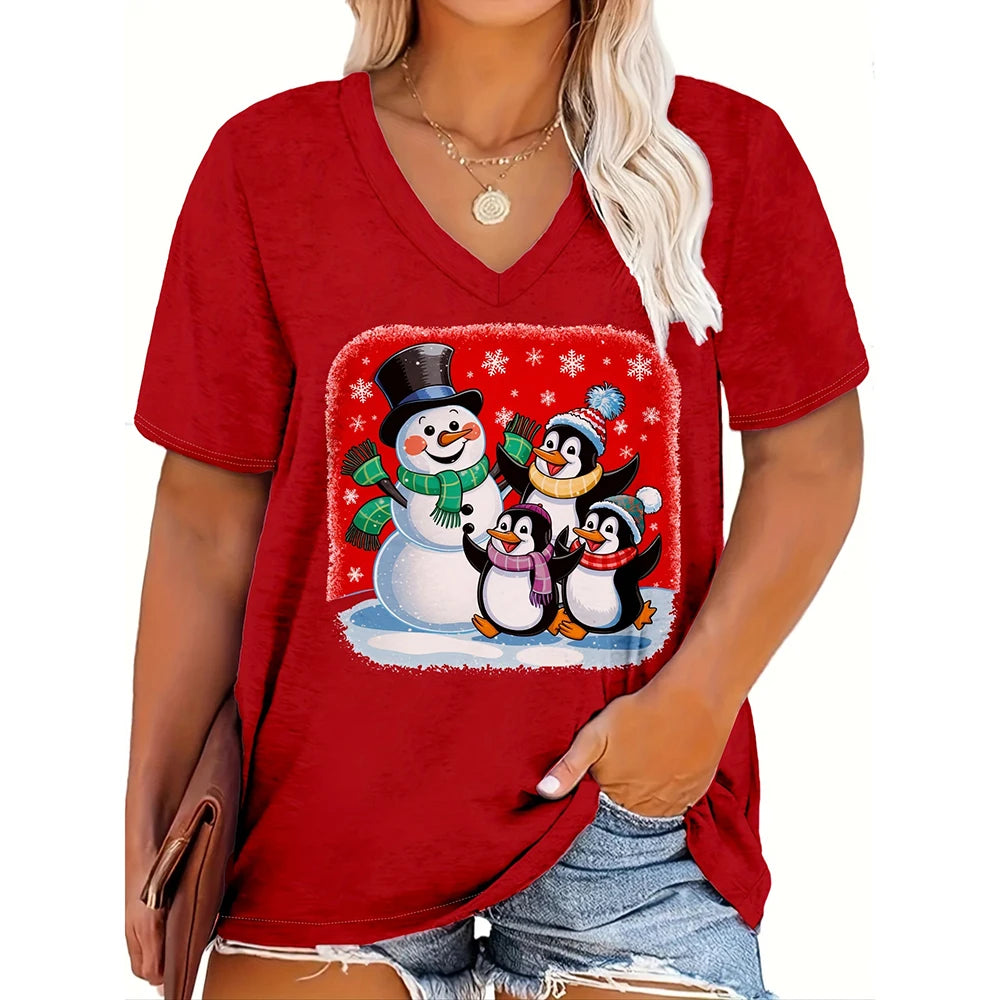 Christmas womens cartoon Santa Claus printed tops Christmas T-shirt short sleeved V-neck casual party outfit oversized women top