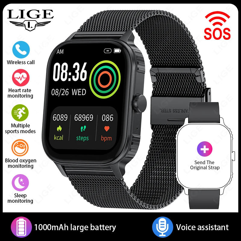 LIGE New 2.04" HD Display Health Monitor Smart Watch 2025 1000mAh Large Battery Bluetooth Call IP68 Waterproof Sports Smartwatch